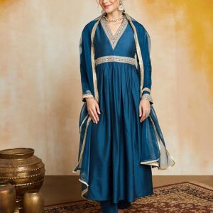 Myx Women's Embroidered Anarkali Kurta Set with Organza Dupatta | Available in Plus Sizes