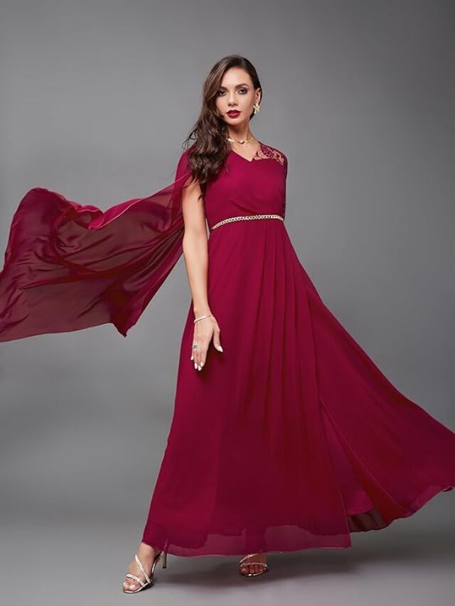 Miss Chase V-Neck Floral Lace Fit & Flare Maxi Dress for Women