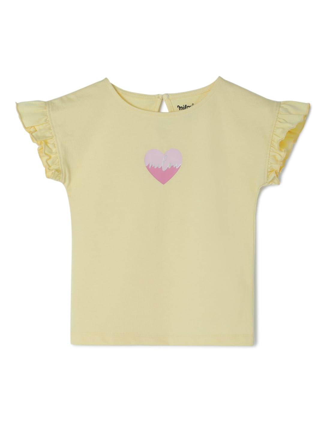 Milou Girl’s Solid 100% Cotton Ruffle Sleeve T-Shirt | Heart Print, Soft & Breathable, Safe Dyes, Label-Free