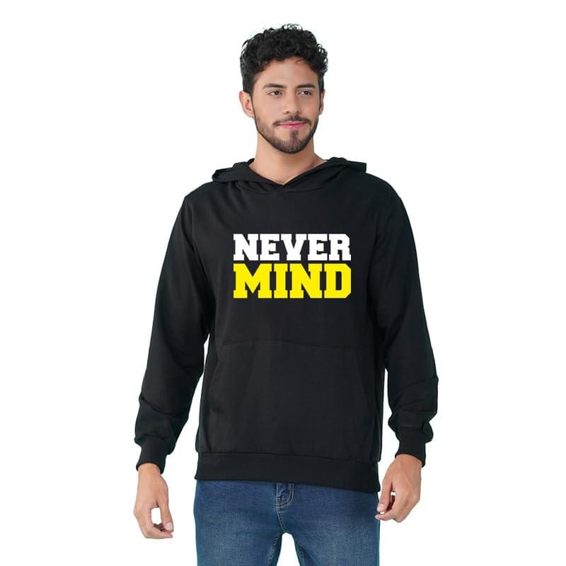 Nusyl Men’s Never Mind Text Printed Hoodie for Winter Wear | Full Sleeves Hoodies with Pocket | Western Stylish Sweatshirt for Men | Hooded Neck Standard Length Men’s Hoodie