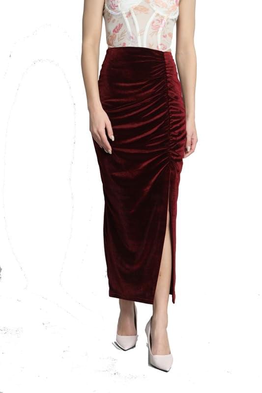 Vaararo Long Ruched Party Skirt for Women with Front Slit | Shiny Velvet Ankle Length Stylish Outfit