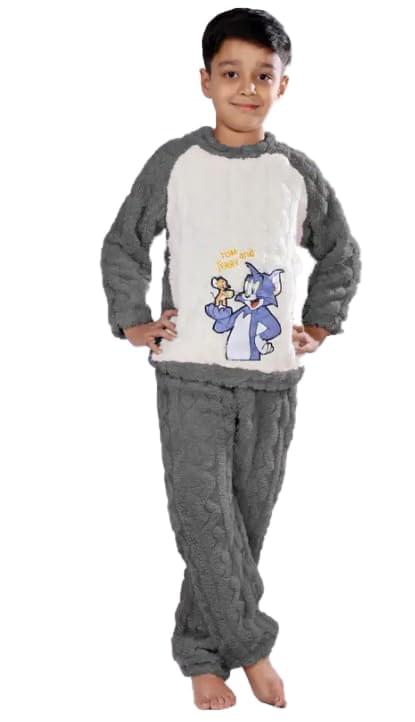 Girls & Boys Soft Woolen Cute Cartoon Patch Night Suit of Tshirt & Pyjama for Winter Wear Grey (Pack of 1)