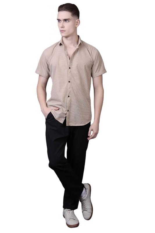 Polyester Textured Casual Regular Fit Collared Neck Button Down Stylish Half Sleeve Shirt for Men 006