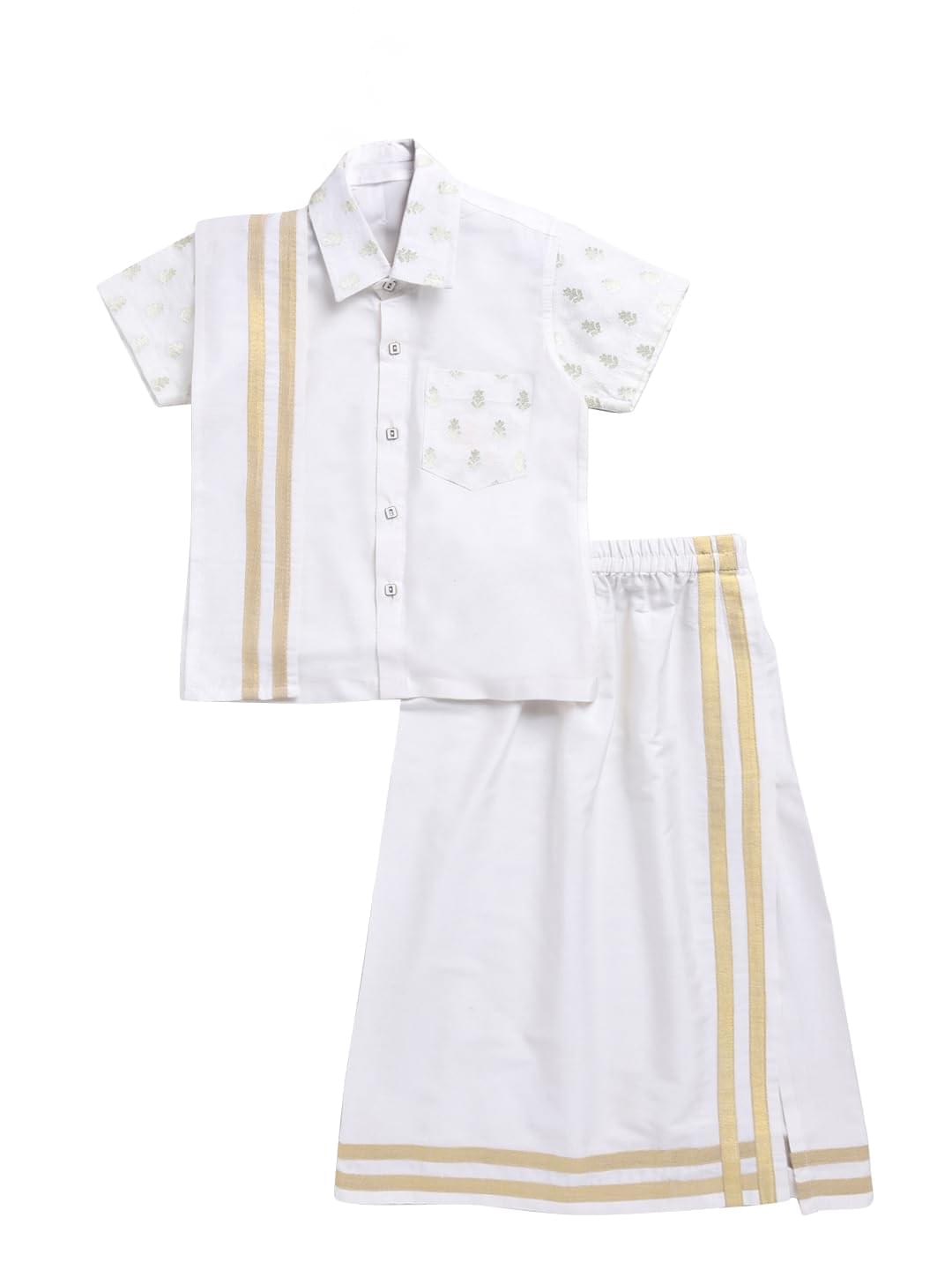 VASTRAMAY Infant Boys Viscose Shirt Mundu Dupatta Set for Onam – Traditional Ethnic Wear