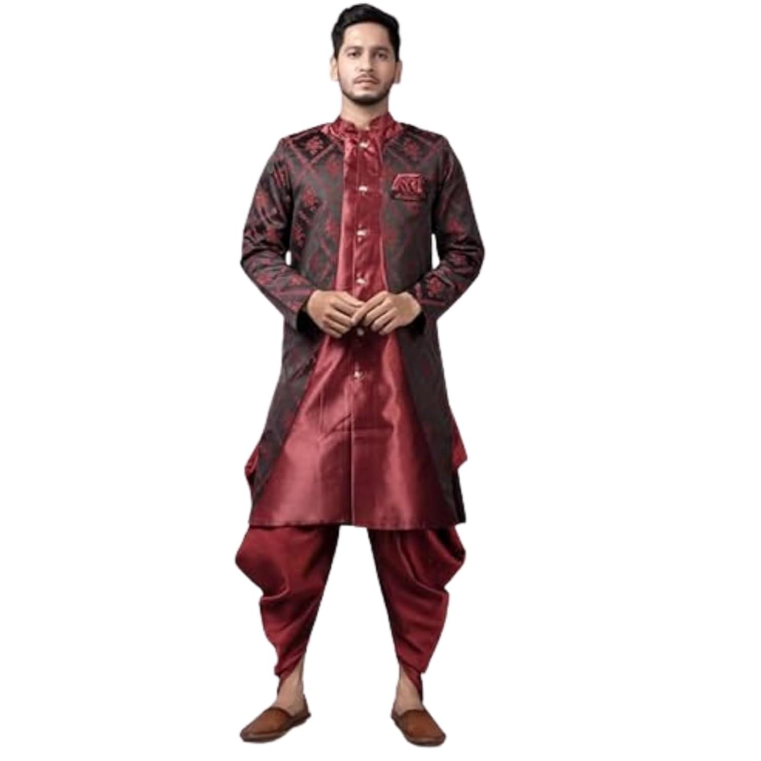 XEPON Men’s Maroon Jacquard Sherwani with Mandarin Neck & Dhoti | Sherwani for Men