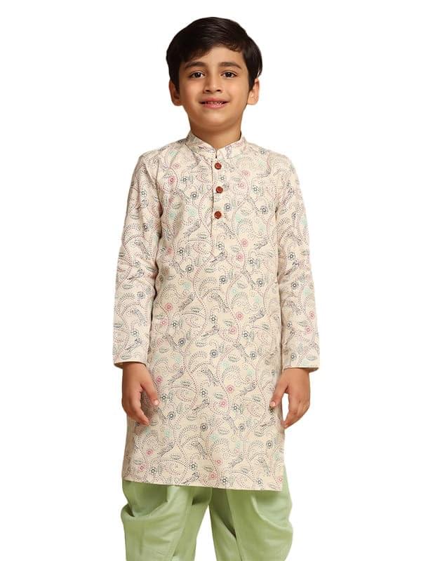 KISAH Boy’s Kurta, Multi Color Cotton Blend, Kantha Print Long Sleeves Regular Fit Mandarin Collar