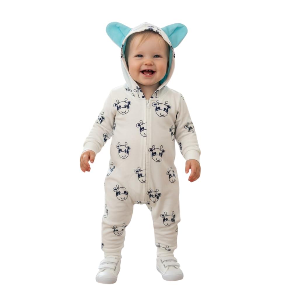 A.T.U.N. (ALL THINGS UBER NICE) Baby Boys and Girls Cotton Jumpsuit | Soft Front-Zip Romper with Cute Ear Hoodie for Unisex Babies