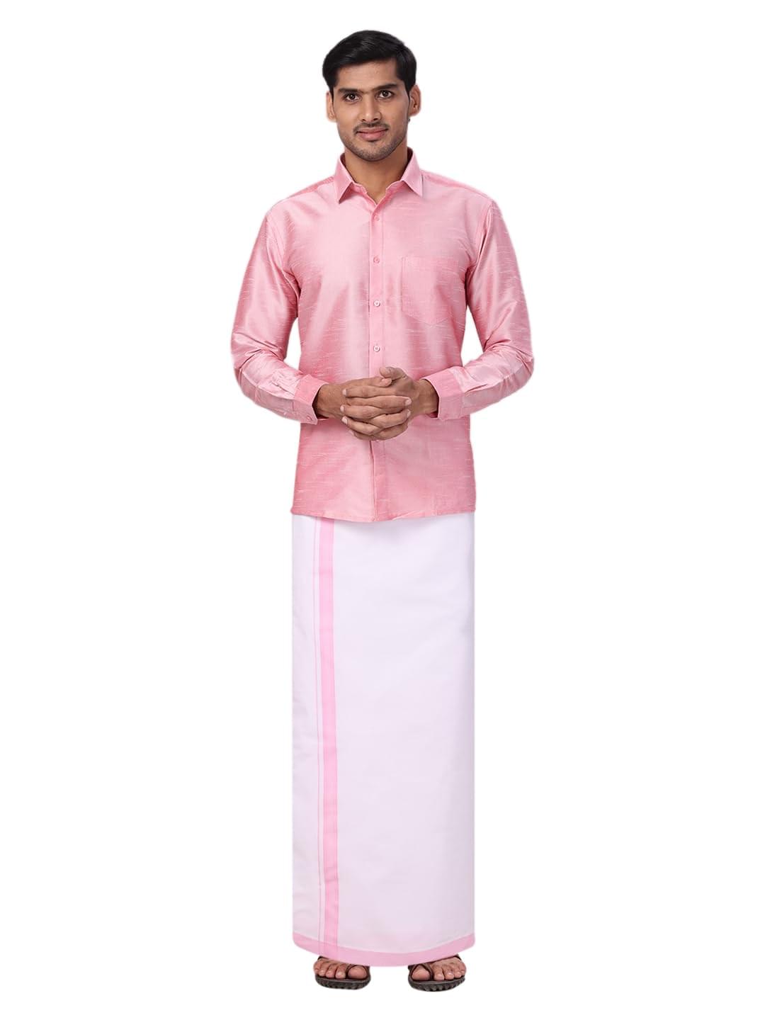 Mens Dupion Satin Full sleeve Shirt with Matching Border Flexi Dhoti Combo Gora Flexi Wedding & Festive Occasion