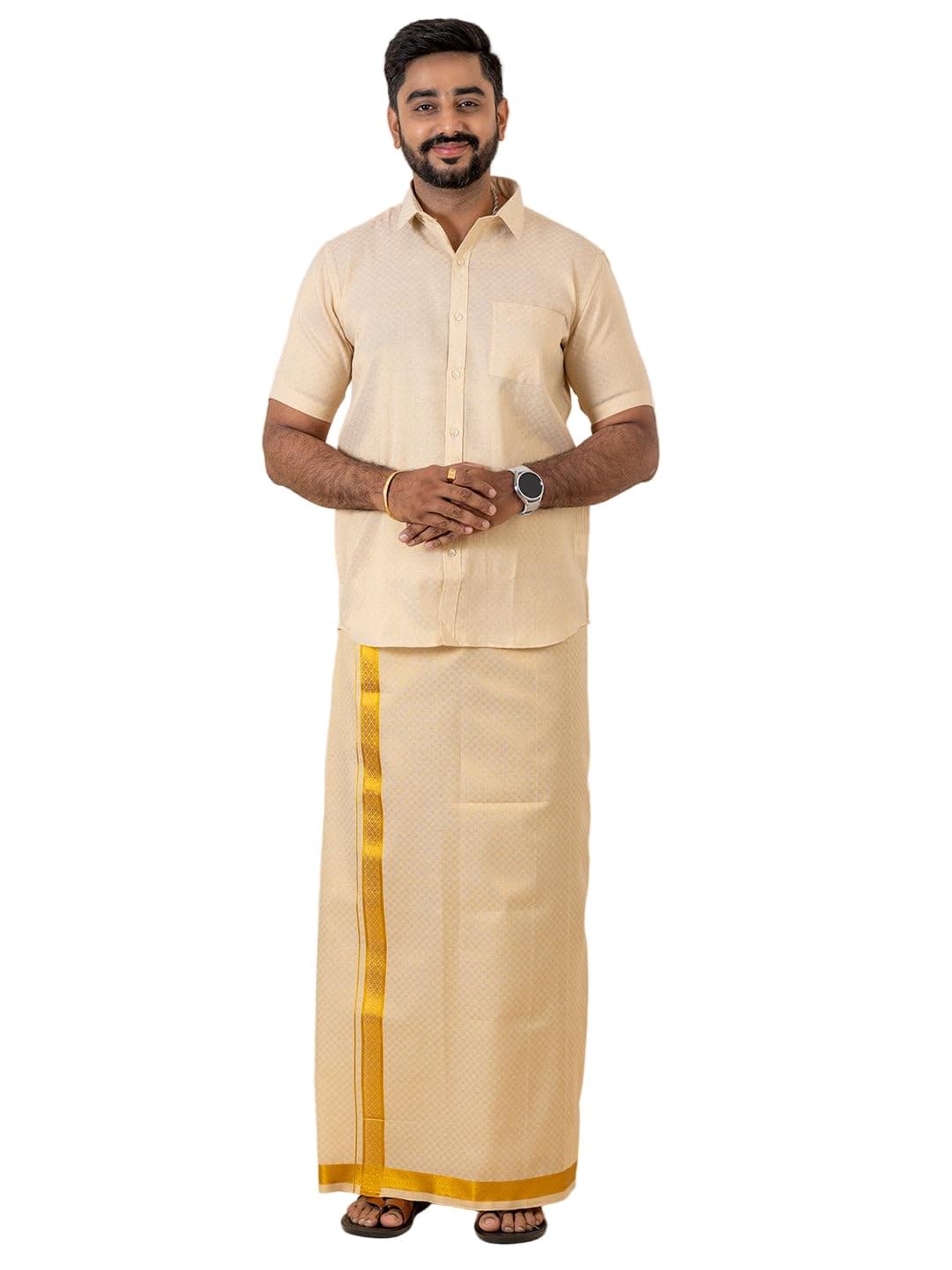 RAMRAJ COTTON Men Gold Tissue Jacquard Half Sleeves Shirt with Matching Dhoti Set