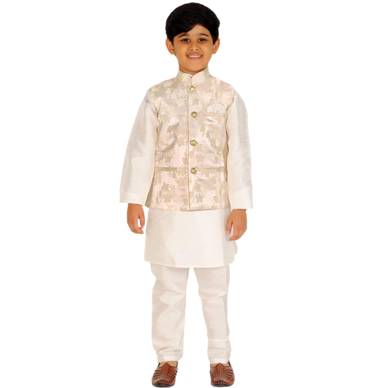 Pro-Ethic Style Developer Kurta Pajama For Kids Boys With Waistcoat | Silk | Floral | Traditional Dress (S-209)