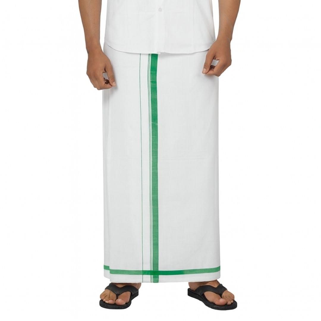 100% Pure Cotton Dhoti for Men | White Traditional Veshti with Blue & Green Border | Unstitched 2.25 Meter Mundu for Temple, Wedding & Ritual Wear | Pack of 2 100% Pure Cotton Dhoti for Men | White Traditional Veshti with Blue & Green Border | Unstitched 2.25 Meter Mundu for Temple, Wedding & Ritual Wear | Pack of 2