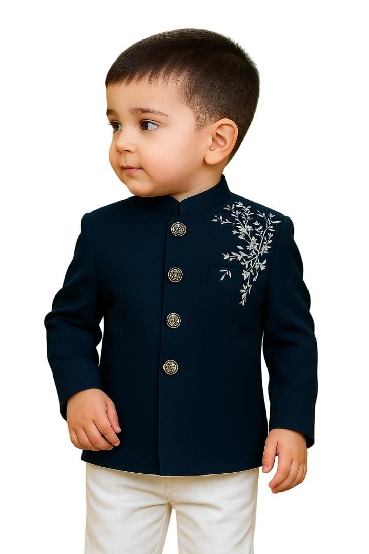 Baby Boy Sherwani Traditional Ethnic Wear Set with Navy Blue Embroidered Art Silk Jacket & White Cotton Pant | Kids Kurta Pajama Style Outfit for Wedding & Festivals (1-8 Years)