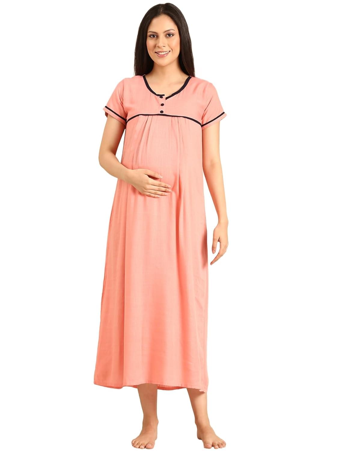 Rupa Jon Ashwarya Women Full Length Printed Maternity Night Dress in Cotton Blend Fabric, Maxi Nighty, Pregnancy Night Dress for Nursing, Pre and Post Pregnancy Peach