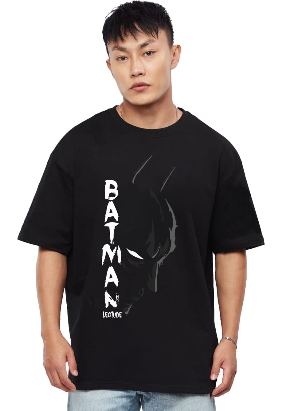 LEOTUDE Half Sleeve Oversized Tshirt for Men, Round Neck Cottonblend Drop Shoulder Printed T-Shirt (Black Color)