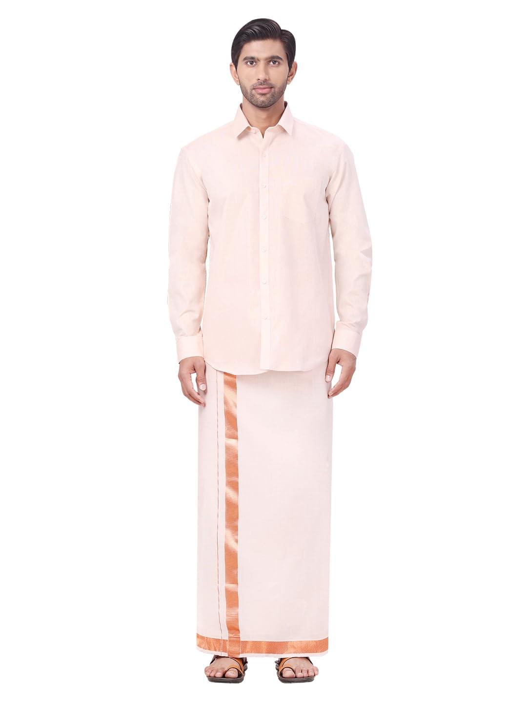 Men’s Full Sleeve Shirt with Matching Border Dhoti Combo Set for Wedding & Festive Occasions