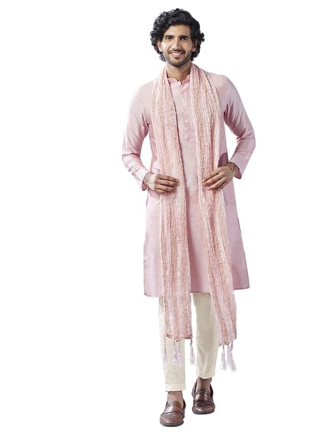 KISAH Mens Kurta Trouser Dupatta Set, Cotton Blend Solid Dyed Mandarin Collar Long Sleeves, Pink Ethnic Wear Set for Men