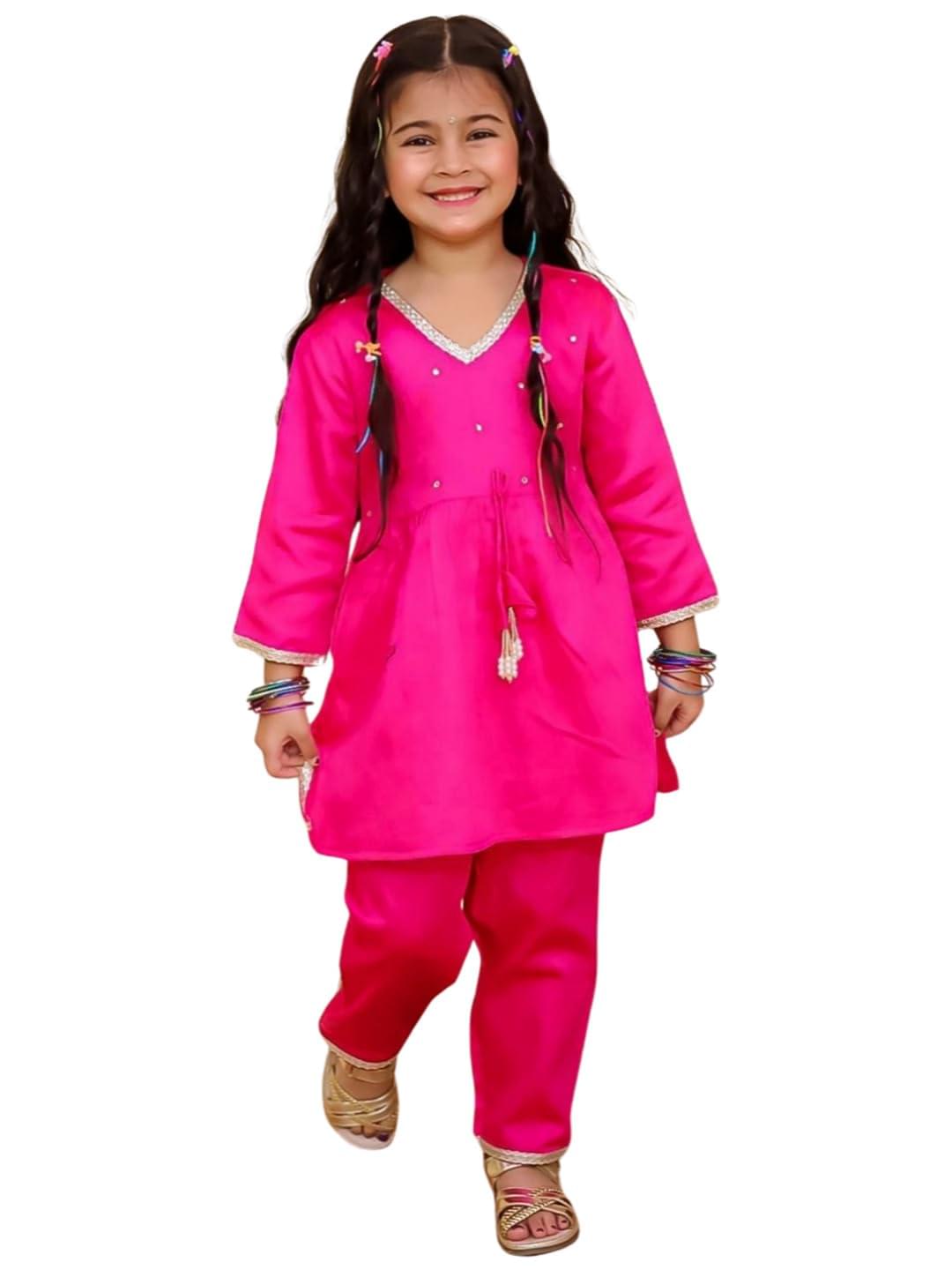 AJ DEZINES Kids Cotton 3/4th Sleeve Kurta Sharara Set for Girls – Ethnic Wear | Festival Outfit – Solid Print Kurti, Regular Fit Pant