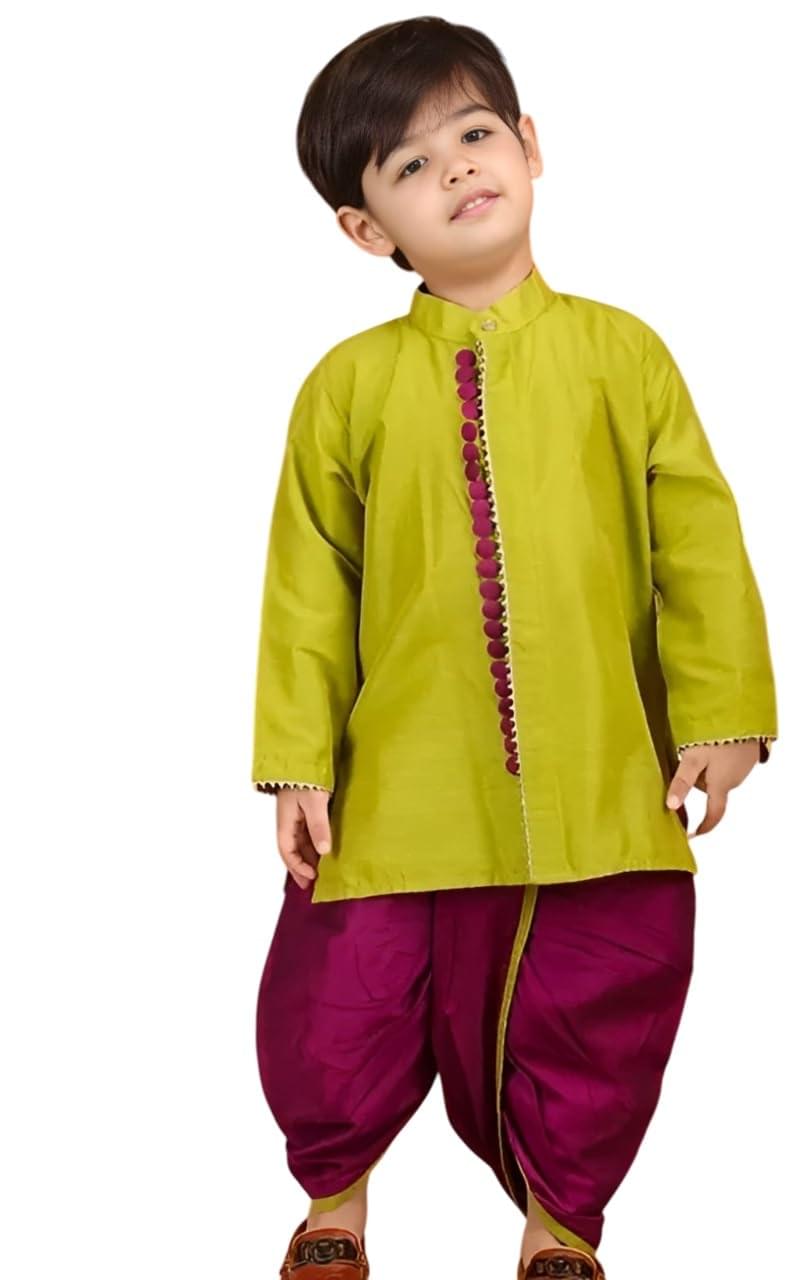 Lime Green & Purple Art Silk Kurta Sherwani Set for Boys (1-8 Years) – Kids Dhoti Kurta Ethnic Dress, Festive & Wedding Outfit