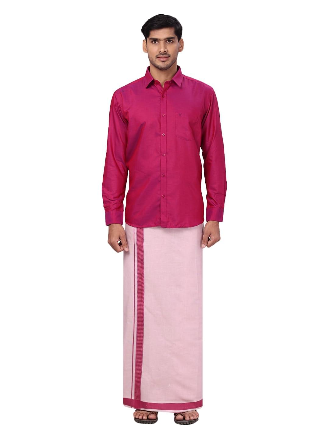 Mens Cotton Full Sleeve Shirt with Tissue Matching Border Dhoti Wedding Combo Kandala