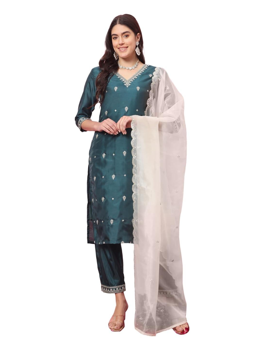 VredeVogel Women’s Silk Blend Kurta Pant Set with Organza Heavy Embroidery Dupatta