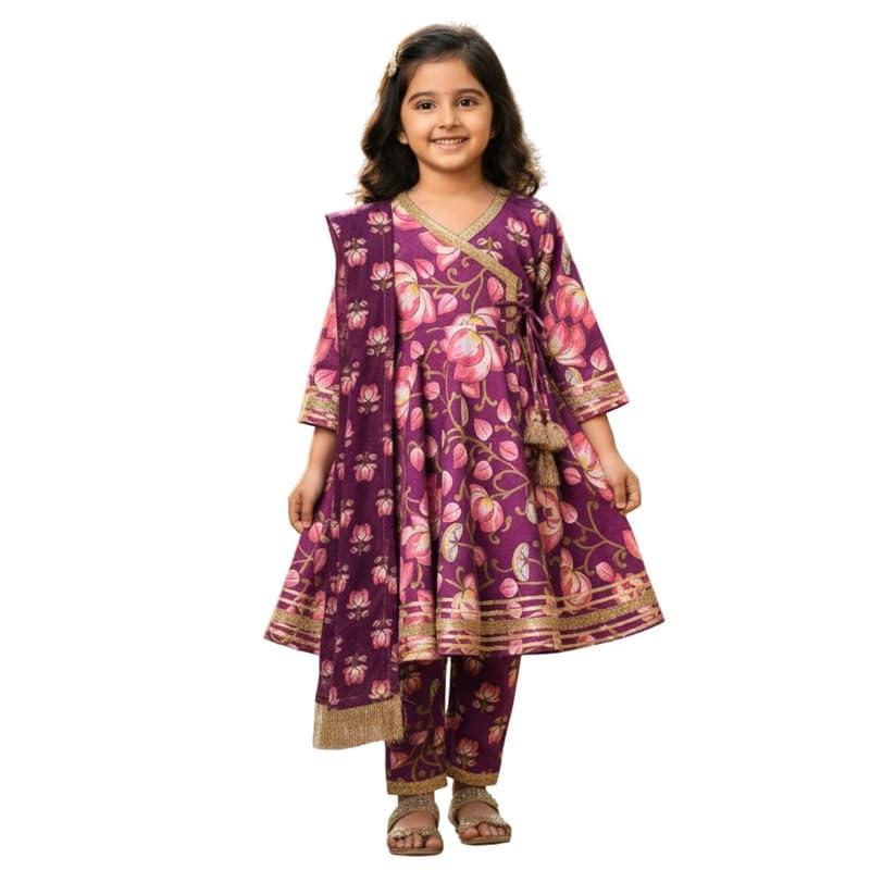 Ethnic Wear For Girls Anarkali Kurta Pant Set | Cotton Fabric Printed Anarkali Style Top & staright Pants with Dupatta | Traditional Girl Dress for Wedding & Festival