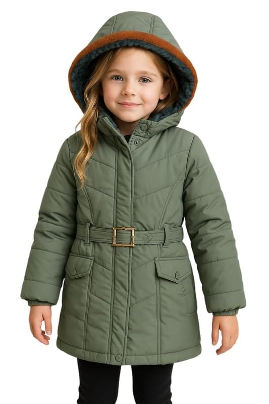 Devil Kids’ Hooded Winter Jacket for Girls – Thick Padded Coat with Adjustable Belt (Green,Multisize)