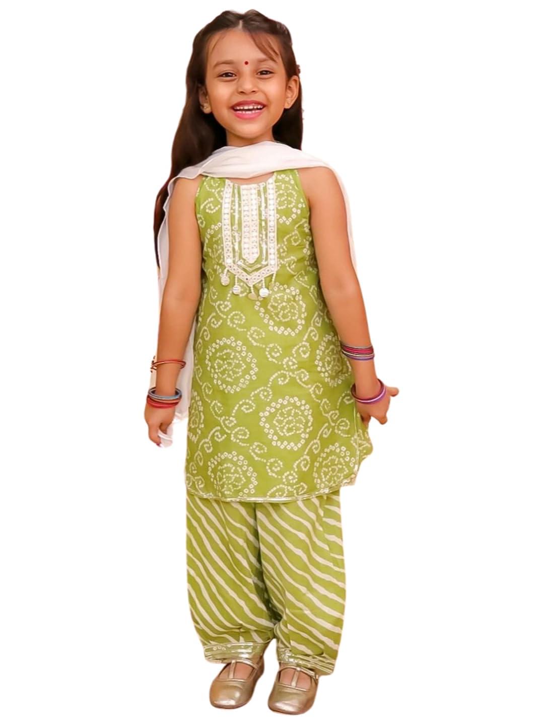 AJ DEZINES Girls Cotton Sleeveless Kurta Sharara Set for Kids With Dupatta – Ethnic Wear | Festival Outfit – Floral Printed, Regular Fit