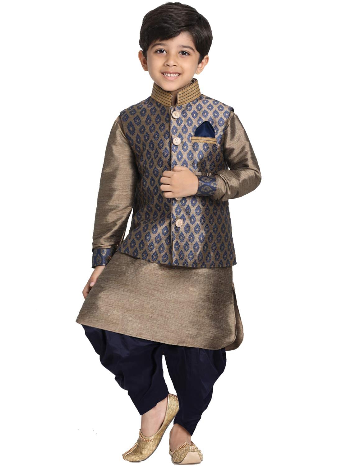 VASTRAMAY Gold Cotton Silk Blend Boys Nehru Modi Jacket Kurta & Pyjama Set