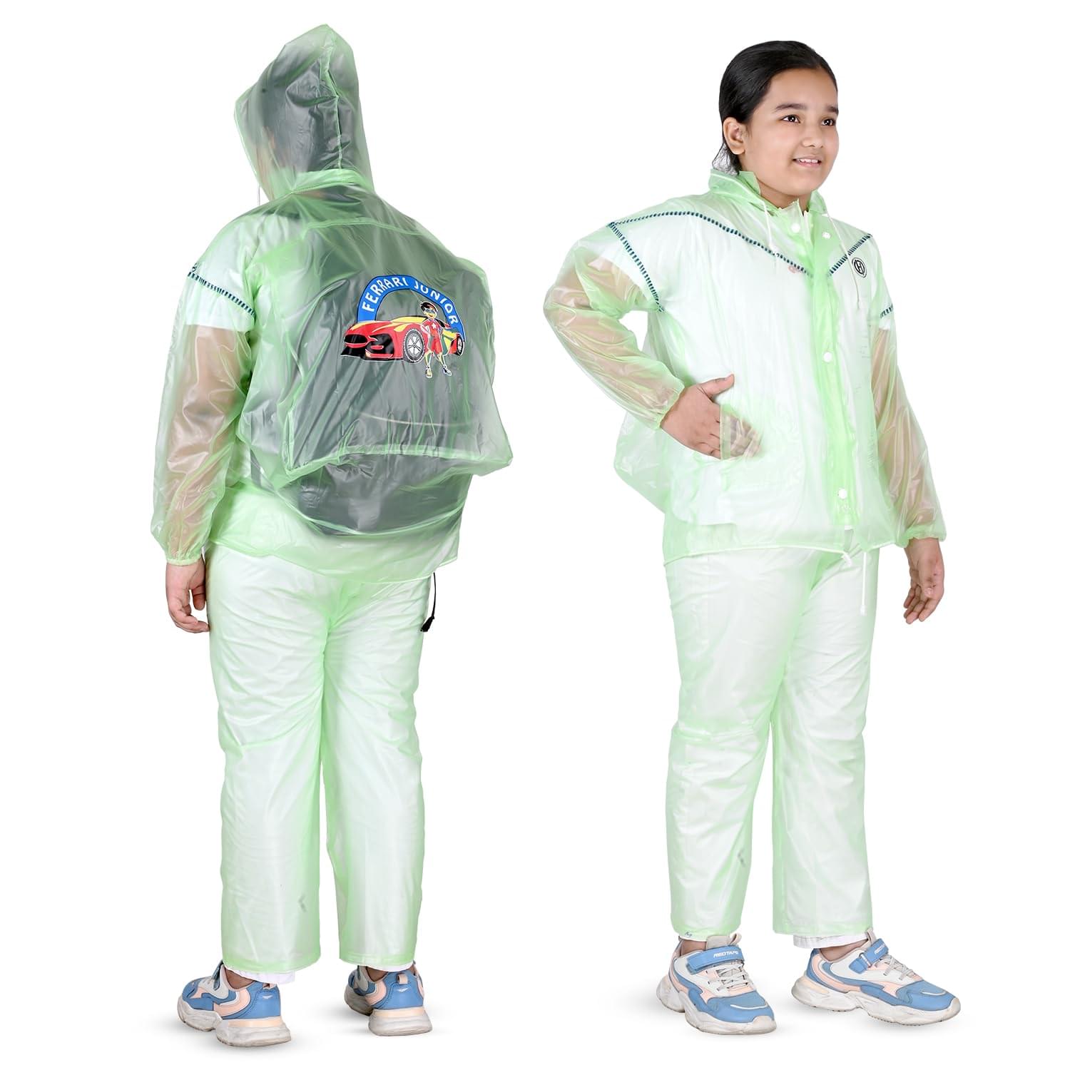 HACER Ferrari Junior Raincoat with Pants Kids Waterproof Full Length Hood & Pockets Boys and Girls Rainwear Carry Bag Included- (Random Color)