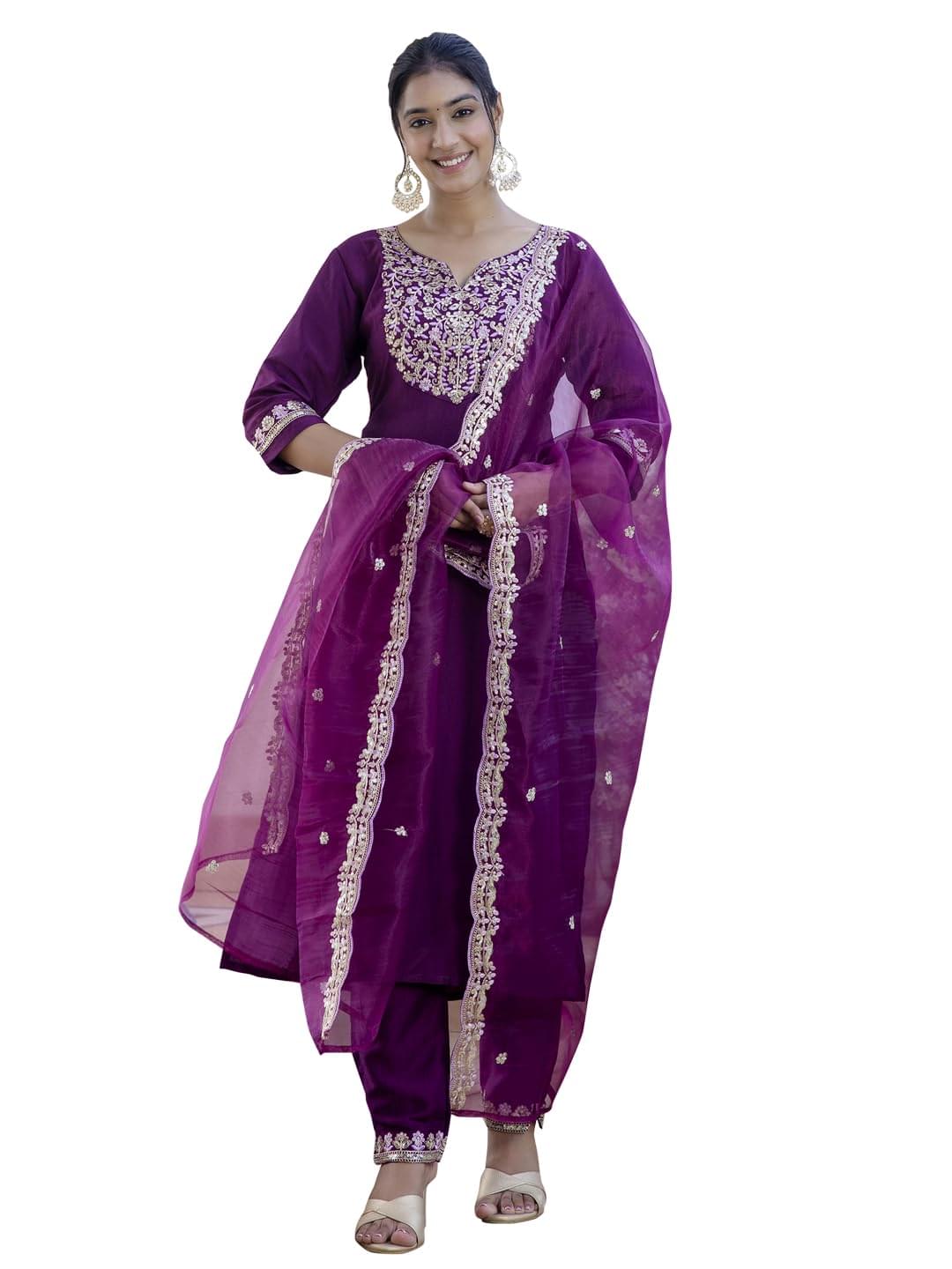 VredeVogel Women’s Embroidered Silk Blend Straight Kurta Trouser with Dupatta Set | Calf Length Ethnic Casual Kurti Set