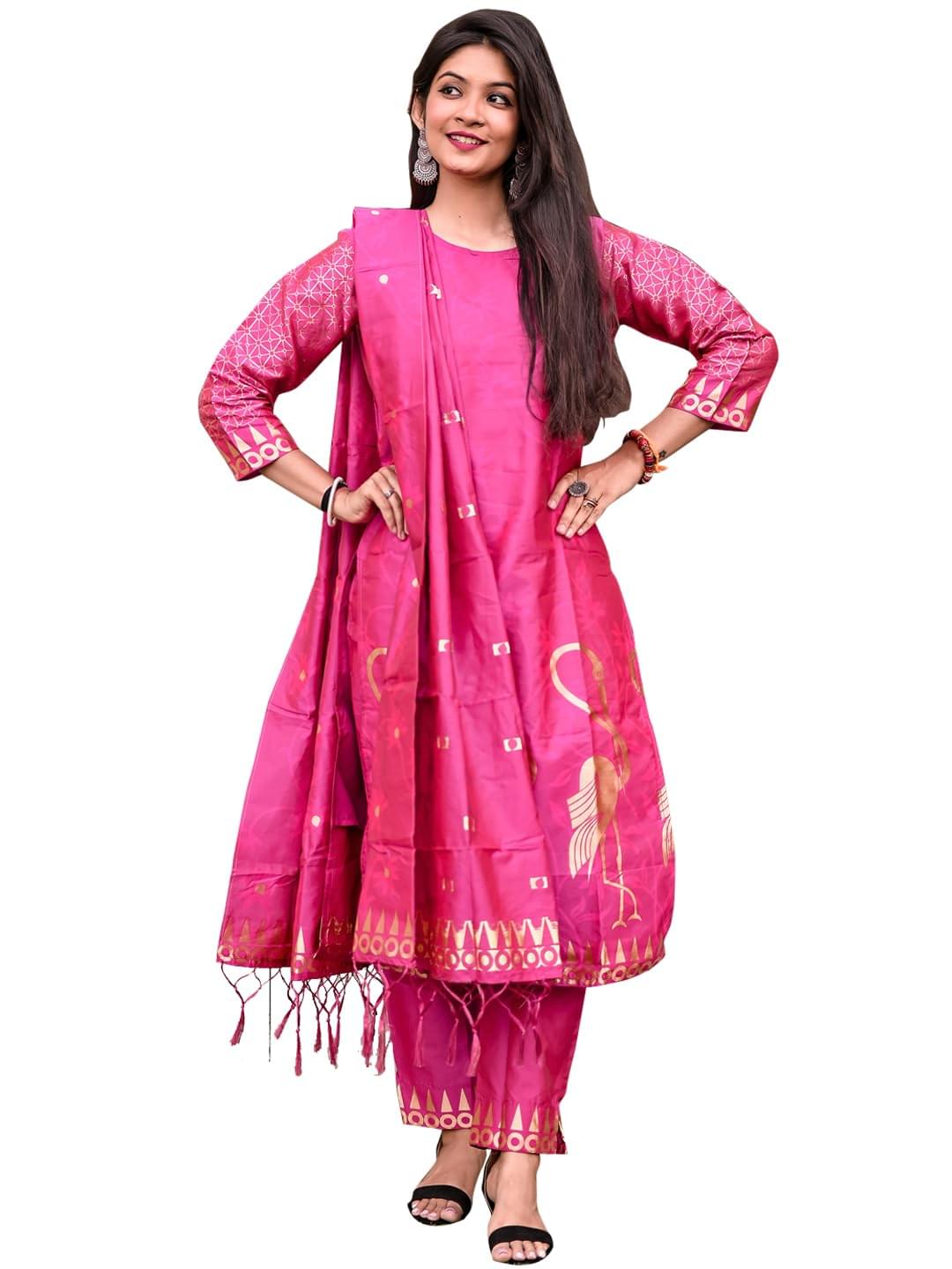VredeVogel Women’s Cotton Silk Jacquard Kurta Pant Set with Banarasi Silk Dupatta | Casual Outfit Ethnic Kurta Set for Women | Modern & Traditional Blend Ethnic Wear
