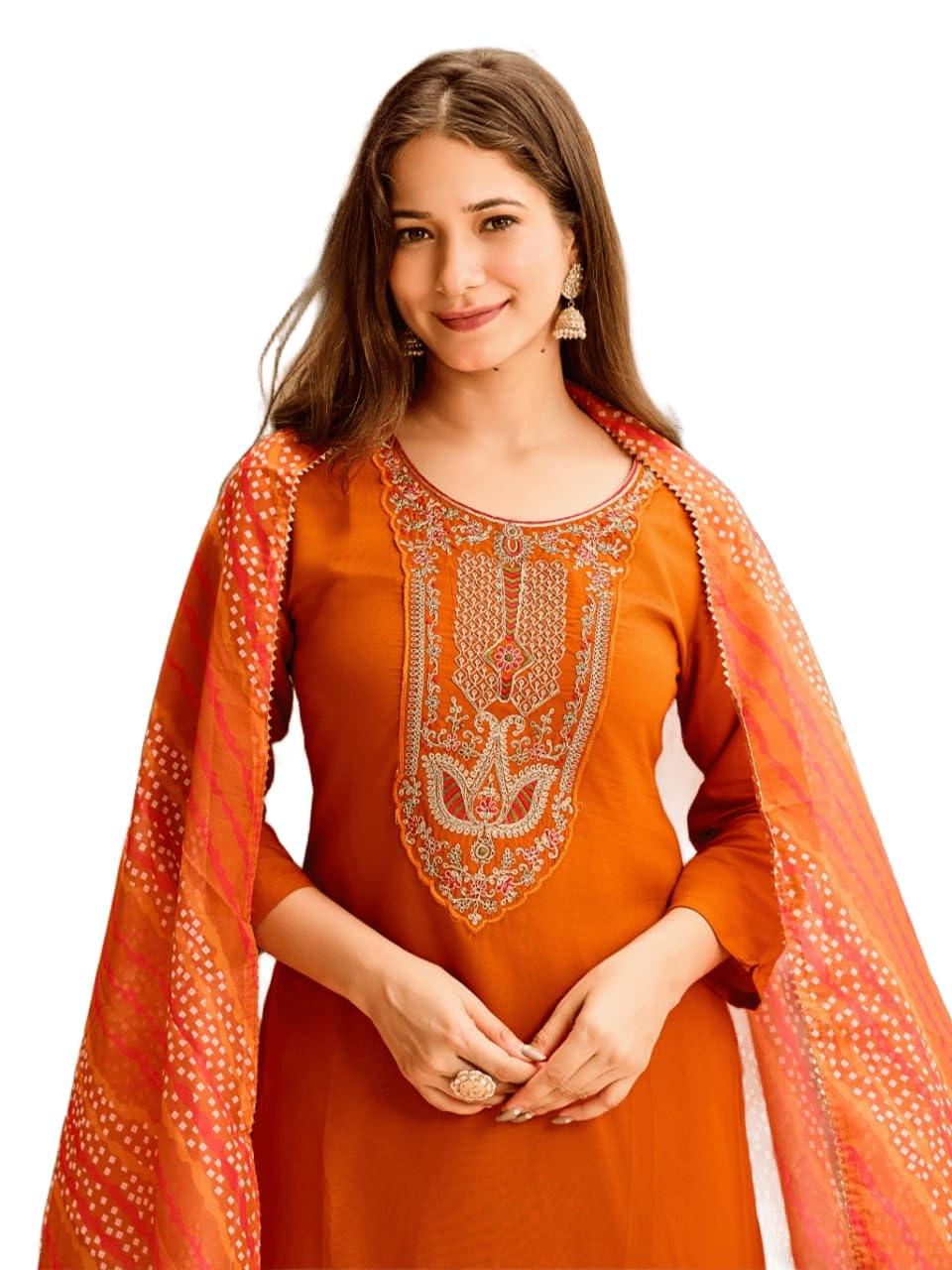 ARMA Fashion Women’s Rayon Embroidered Straight Kurta with Pant and Dupatta Sets Calf‑Length| 3/4 Sleeve| Elegant Ethnic Attire Traditional Diwali Navratri