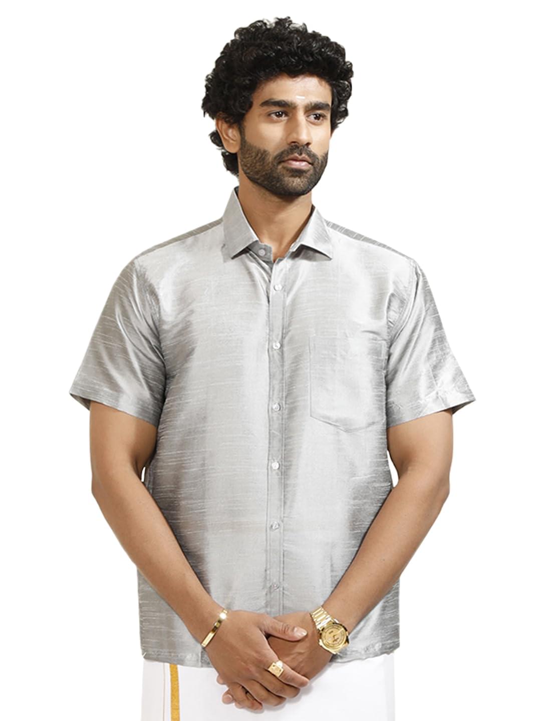 VM Men’s Silk Blend Ethnic Shirt – Traditional Men’s Silk Shirt for Festive Occasions, Onam | Ethnic South Indian Silk Shirt | Perfect for Weddings and Celebrations