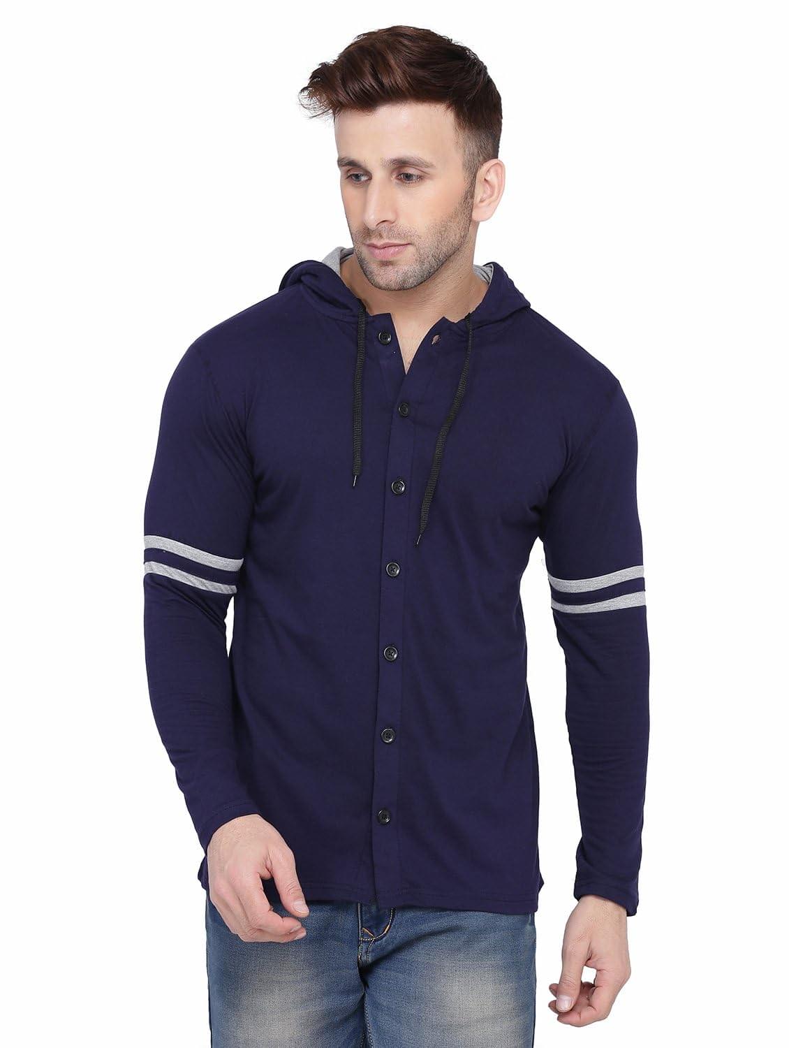 Blisstone Men’s Full Sleeve Hooded T-Shirt with Button Closure & Contrast Striped Sleeves | Stylish Cotton Blend Hoodie for Casual & Sportswear Dark Blue