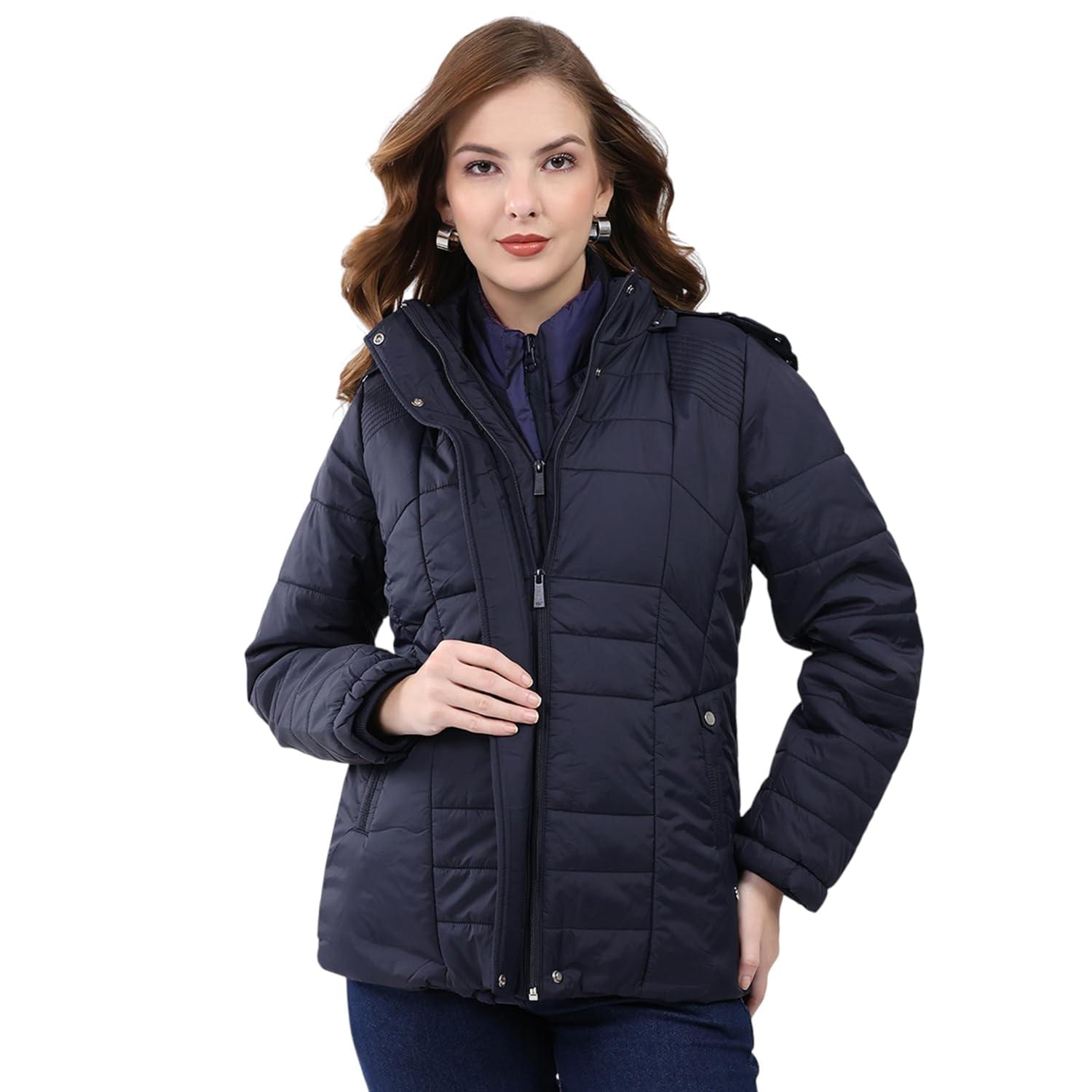 Monte Carlo Women Regular Fit Self Design Hooded Neck Side Pocket Zipper Full Sleeve Winter Jacket|Winter Wear Quilted Jacket for Travelling | Puffer Coat| Winter Jacket For Women’s (Pack Of 1)