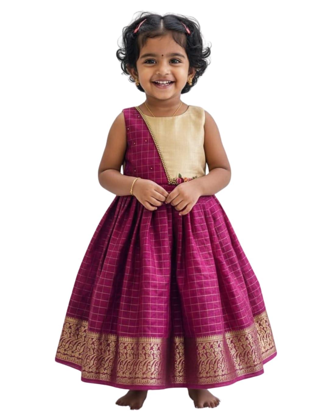 Diwali Special Kids Pattu Pavadai | Traditional South Indian Silk Dress for Baby Girls | Maroon & Gold Kanchipuram Pattu | Festival Ethnic Wear with Zari Border