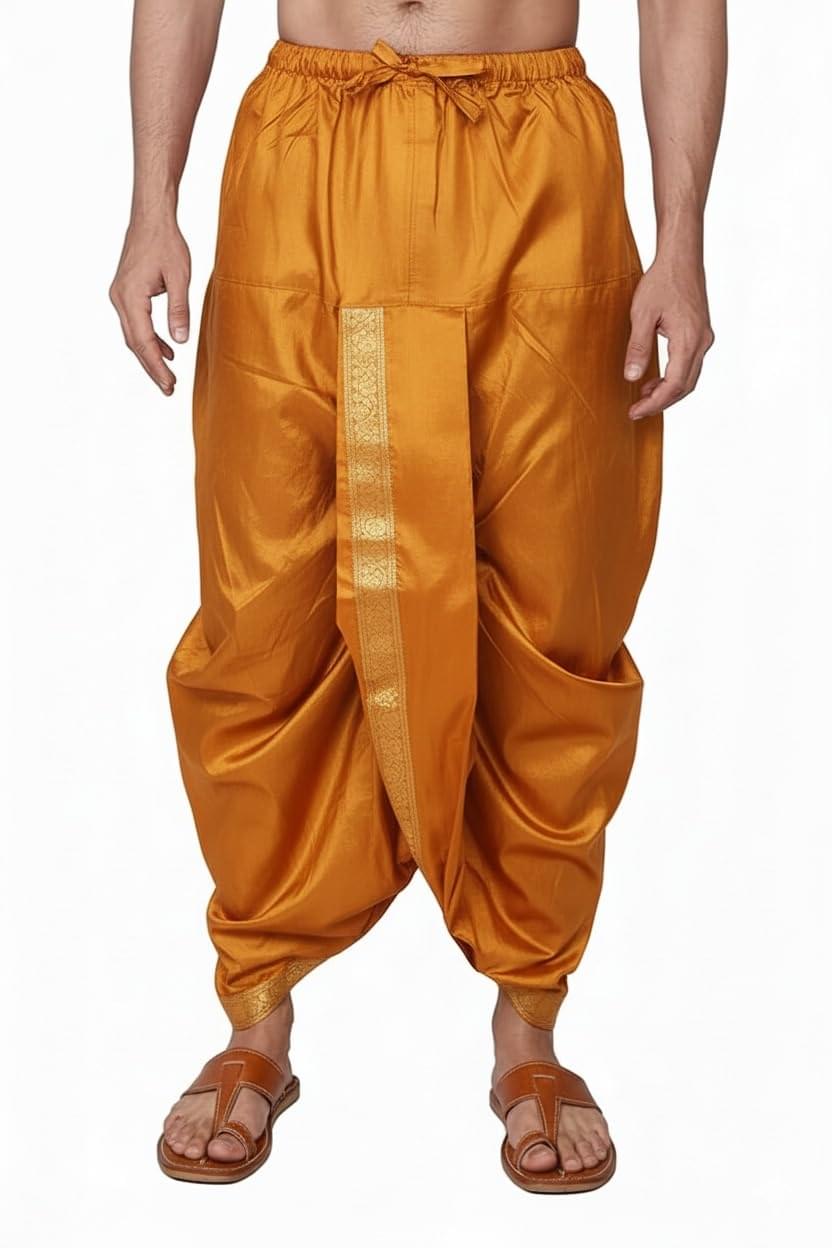 Traditional Men’s Dhoti, Orange with Golden Border, Silk Blend, Drawstring Waist