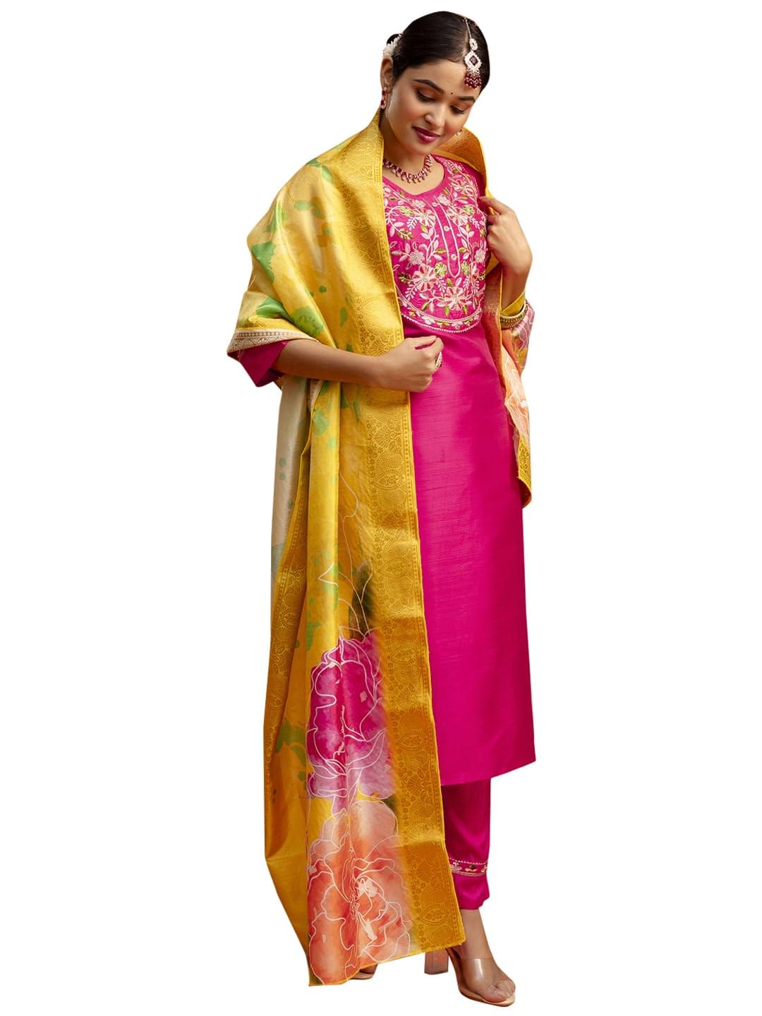 VredeVogel Women’s Silk Blend Embroidered Kurta Pant Set with Jacquard Dupatta | Modern & Traditional Blend Ethnic Wear Set