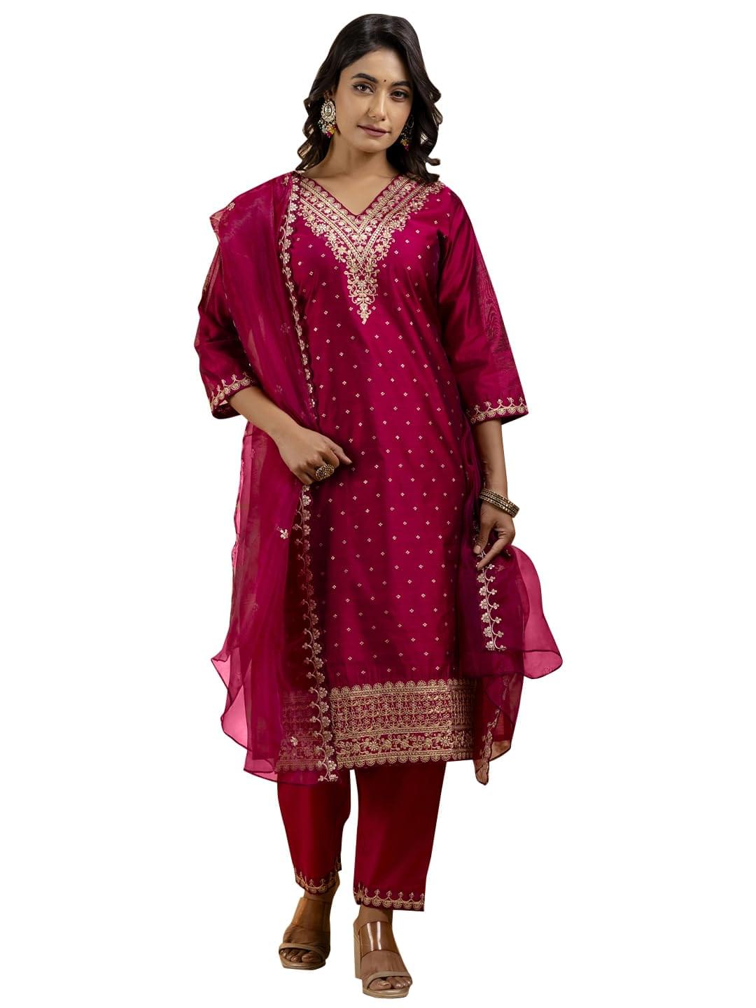 VredeVogel Women’s Chanderi Silk Embroidered Kurta with Pant & Organza Dupatta Set | Modern & Traditional Blend Ethnic Wear | Festive & Casual Outfit