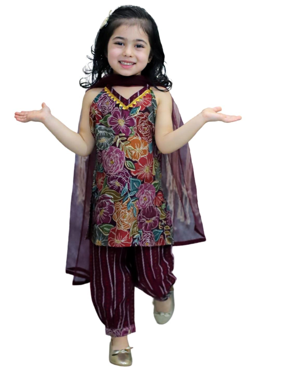 BownBee Girls Floral Halter Neck Kurti Set with Harem Pants and Dupatta, Ethnic Wear for Girls, Traditional Ethnic Set For All Occasion