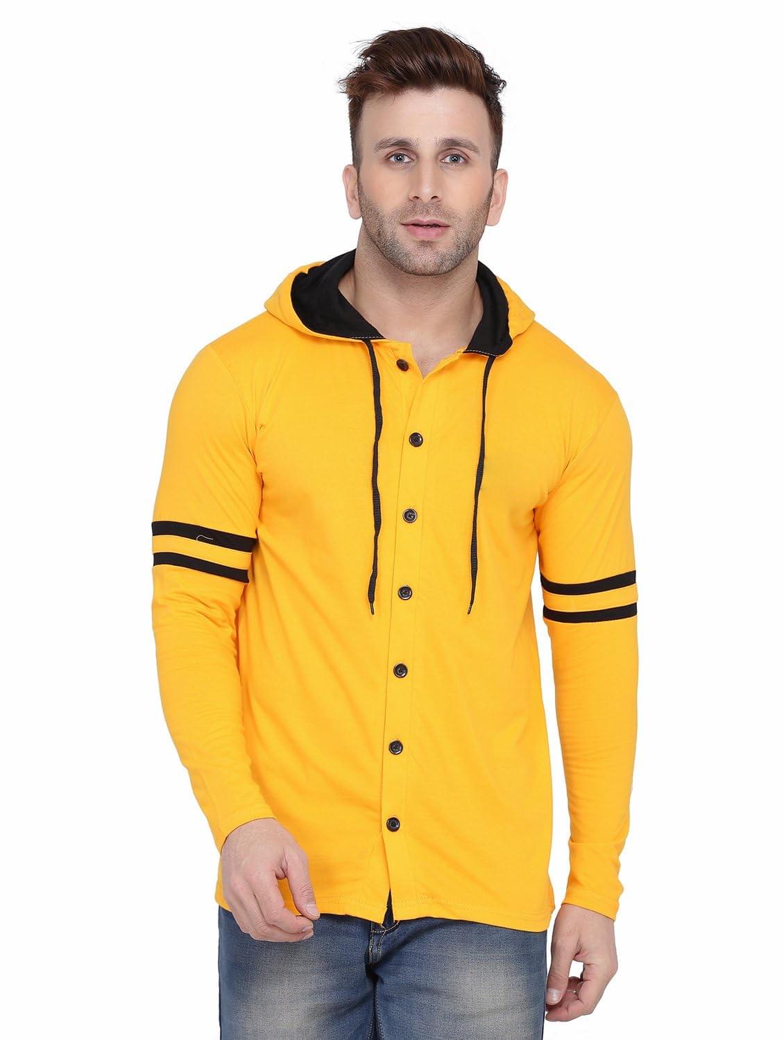 Blisstone Men’s Full Sleeve Hooded T-Shirt with Button Closure & Contrast Striped Sleeves | Stylish Cotton Blend Hoodie for Casual & Sportswear Yellow