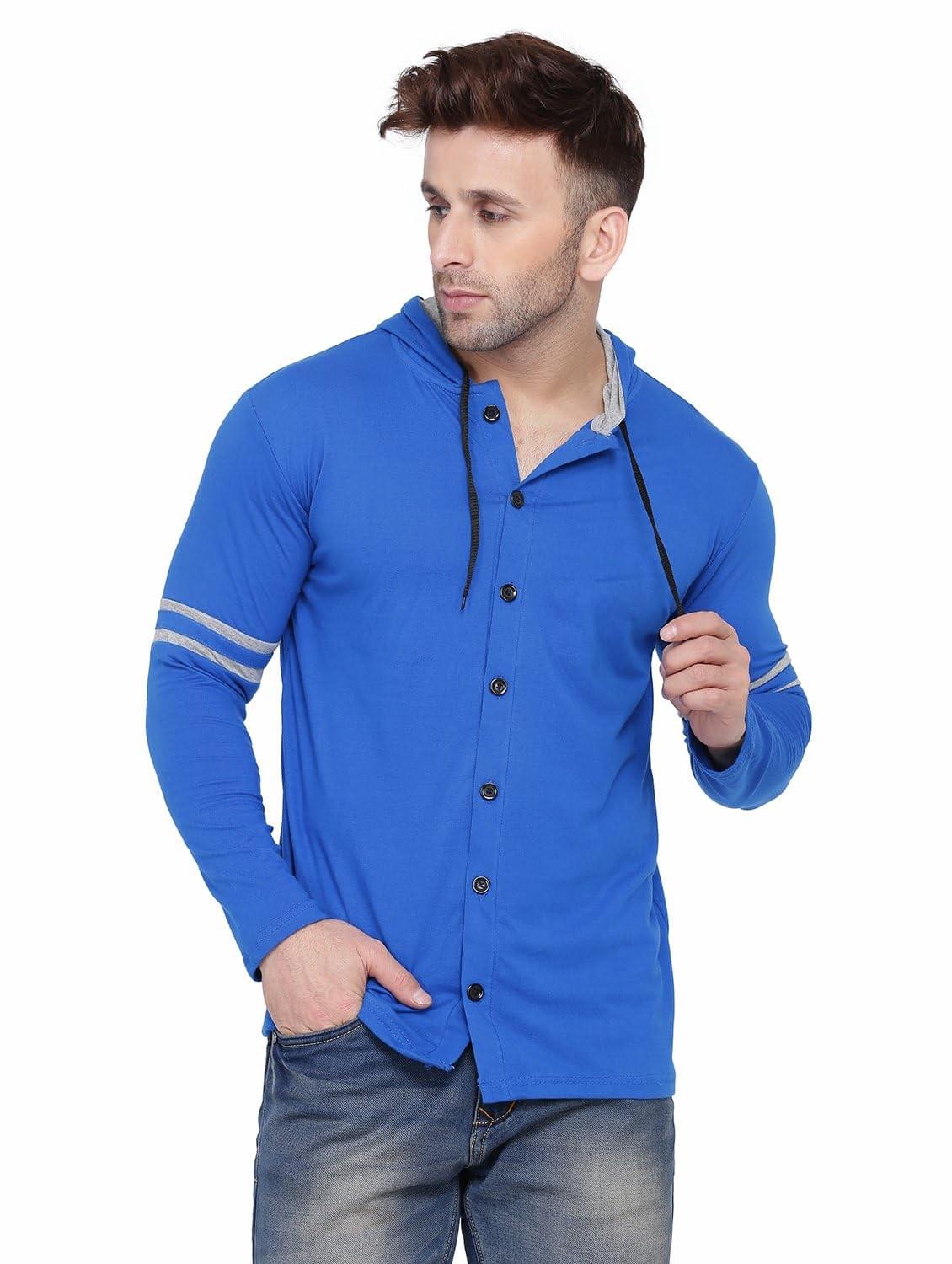 Blisstone Men’s Full Sleeve Hooded T-Shirt with Button Closure & Contrast Striped Sleeves | Stylish Cotton Blend Hoodie for Casual & Sportswear Blue