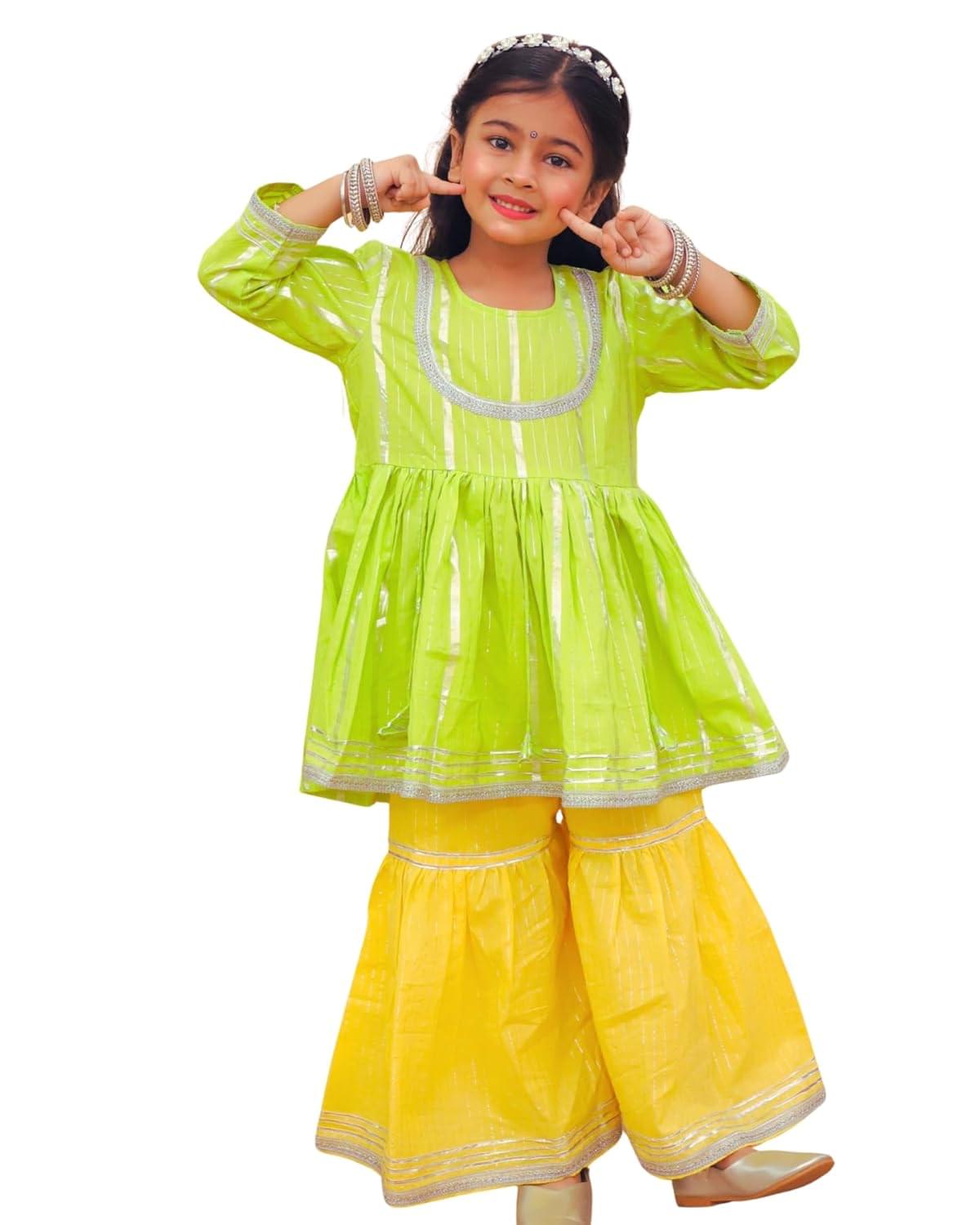 Ethnic Wear for Girls Peplum Kurti Sharara Set | Lurex Cotton Fabric Peplum Top with 3/4 Sleeves & Sharara Bottom | Gotta Lace Detailing for Weddings Festivals