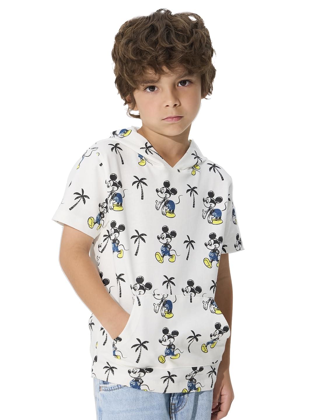 The Souled Store Mickey Mouse: Beach Vibes Boys Short Sleeves White All Over Printed Cotton Hooded T-Shirts