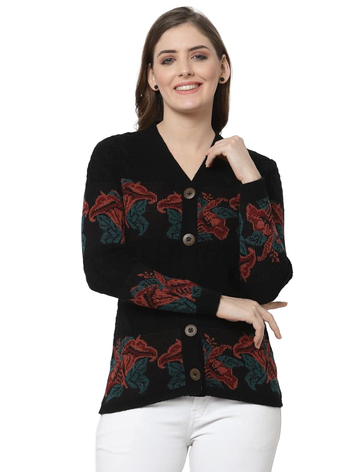 Kalt Women Sweater for Winter Woolen Acrylic Full Sleeves V Neck Floral Design Cardigan Sweater for Women