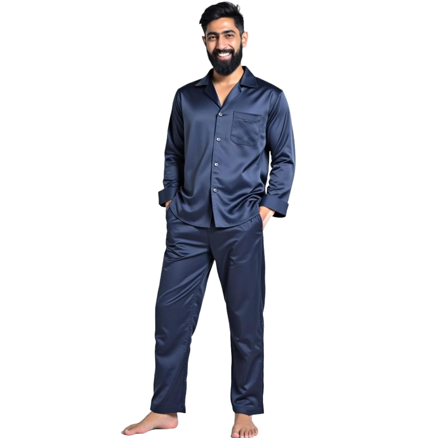 Men’s Navy Blue Silk Pajamas – Full Sleeve Nightwear – Premium Soft & Comfortable Sleepwear – Stylish Loungewear