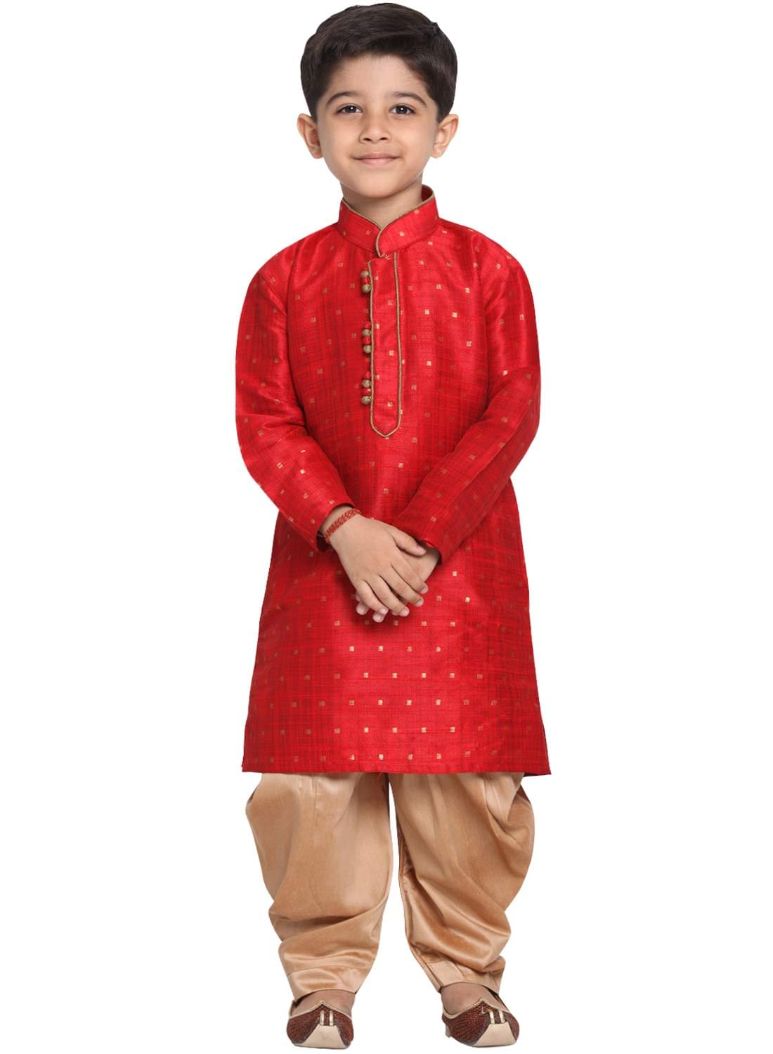 JBN Creation Boys’ Maroon and Rose Gold Silk Blend Kurta and Dhoti Pant Set (VASBK023MAnCDRG, for 11-12 Years)