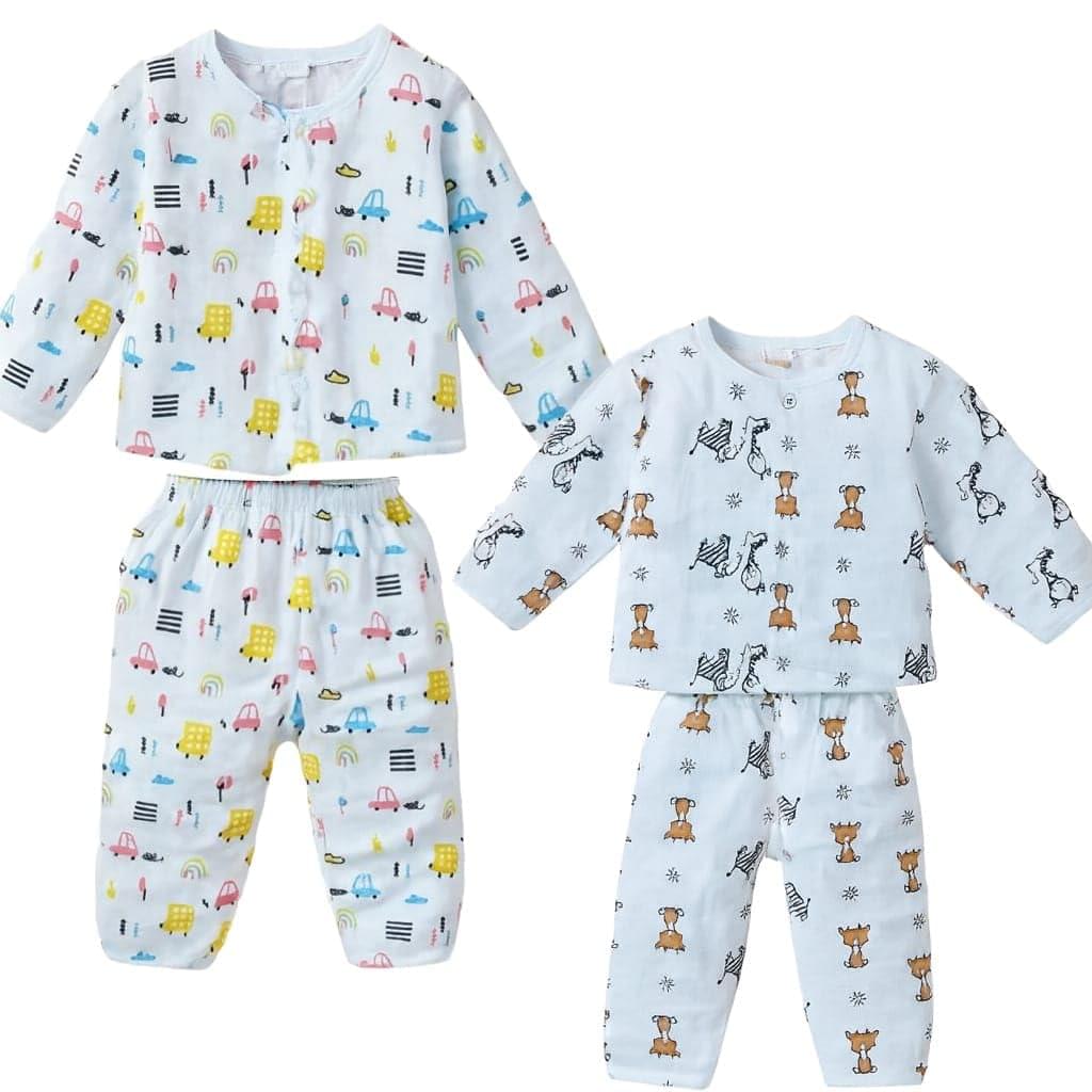 Organic Muslin Kids Nightsuit|Breathable Full Sleeve Top&Pajama Sleepwear for 0to18Months|Unisex Baby Clothes |Comfortable Nightwear(Assorted Prints)
