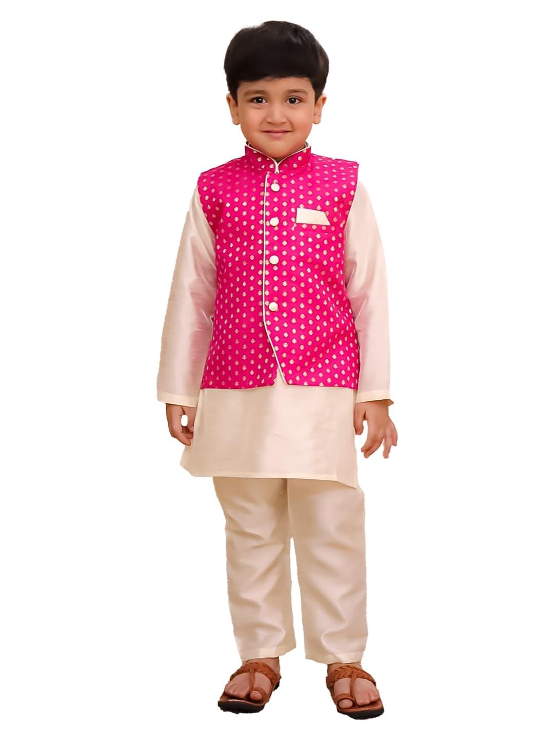 AJ DEZINES Kids Brocade Full Sleeve Motif Kurta Pajama & Waistcoat Set for Boys – Ethnic wear | Special Occasion & Party Traditional Outfit | Mandarin Collar Waistcoat for Boys – Regular Fit