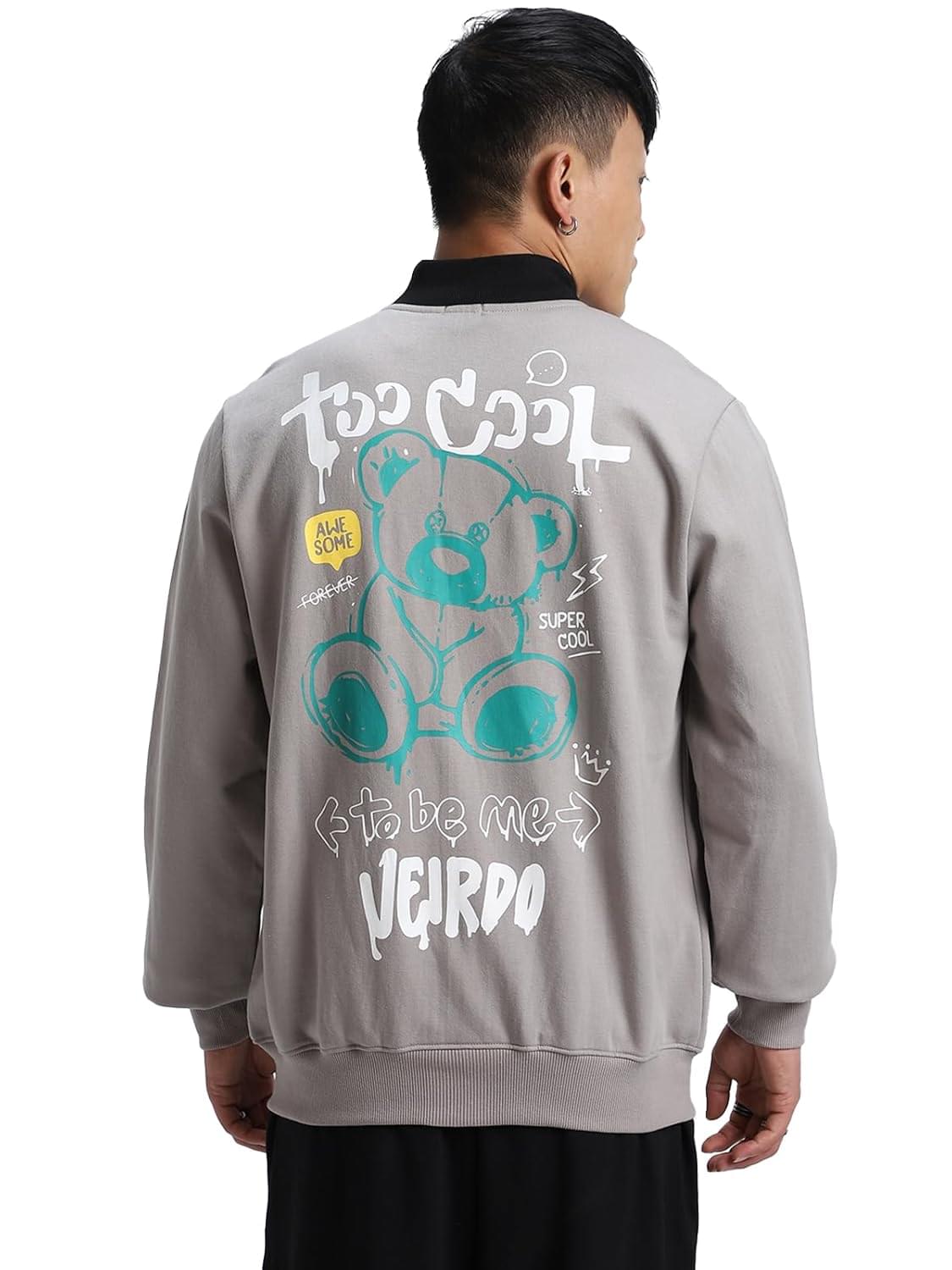 Veirdo® Cotton-Fleece Printed Grey Jacket for Men (Regular Fit, Full Sleeves, Ribbed Cuff & Hem, Spread Collar, Available in S, M, L, XL, XXL)